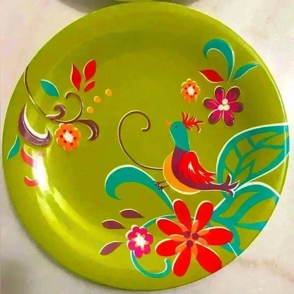 Pier 1 Imports Folksy Finch Bird Floral Green 8-PC Melamine Plate Set - Picture 2 of 4